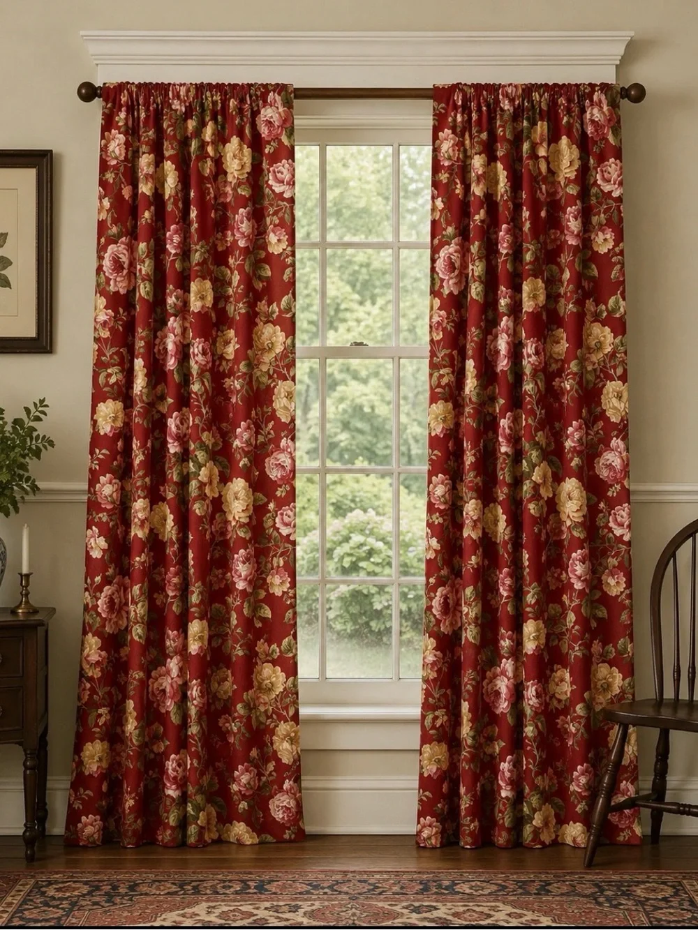 2 Waverly Ballad Bouquet Curtains Panels Floral Lined Red Rod Pocket 40”x 87”
